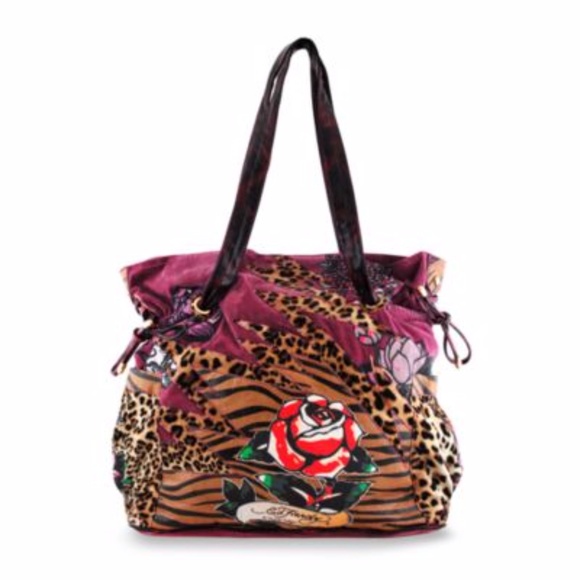 Ed Hardy Other - Ed Hardy Baby Diaper Bag Pink Velvet Rose Design w/ Animal Print